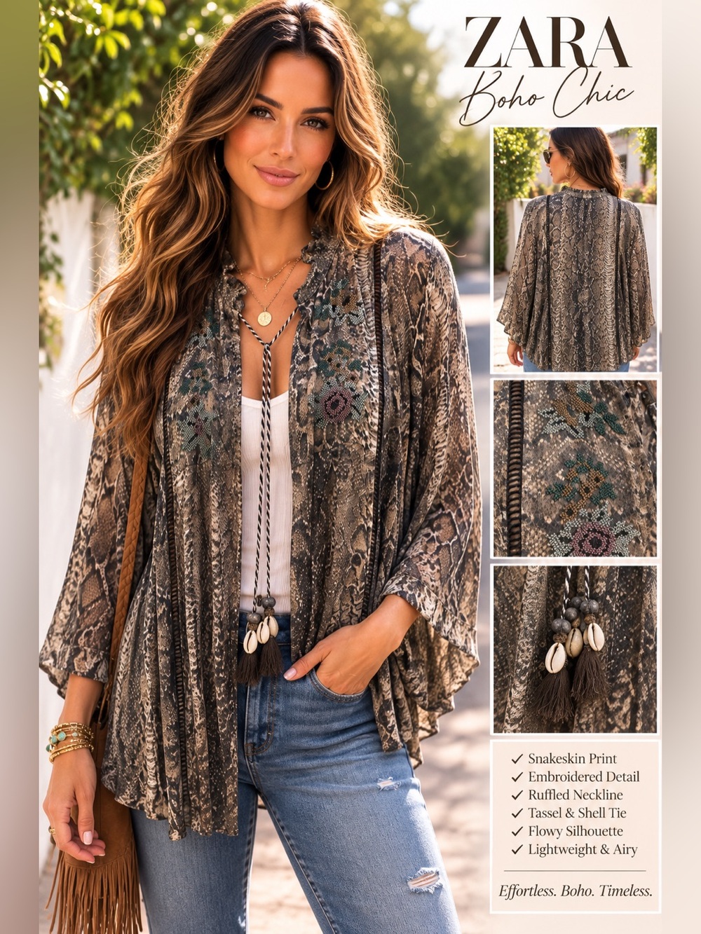 ZARA Brown Snakeskin Boho Sheer Kimono Cardigan with Tassel Tie
